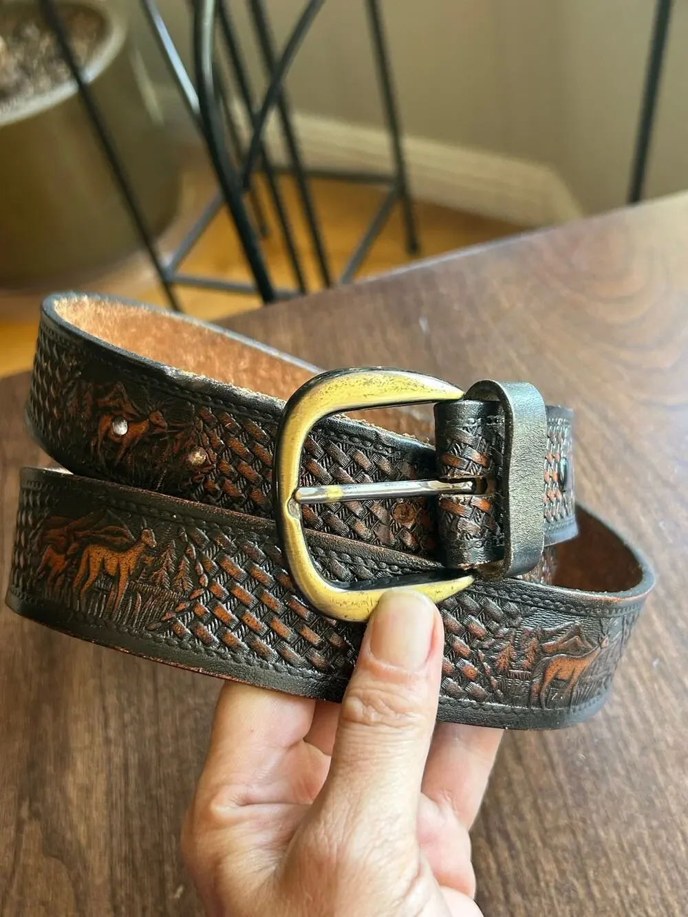 Vintage belt 42 hand tooled Western deer mountains brass buckle basket-weave